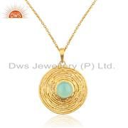 Aqua Chalcedony Gemstone Gold Plated Designer Silver Chain Pendant