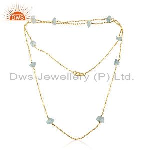 Aquamarine Gemstone Womens Gold Plated 925 Silver Necklace