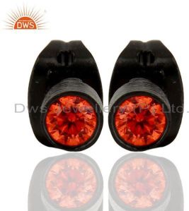 Black Rhodium Plated Orange CZ Gemstone Brass Stud Earrings