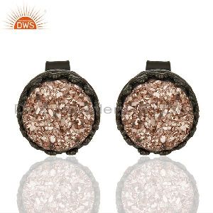 Black Sterling Silver Copper Druzy Gemstone Stud Earrings