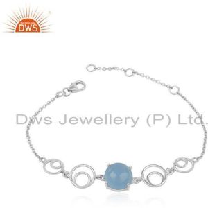 Blue Chalcedony Gemstone Fine Sterling Silver Designer Chain Bracelet