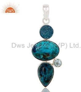 Blue Topaz, Crysocola & Natural Druzy Handmade Sollid Sterling Silver Pendant