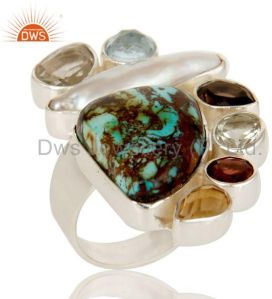 Boulder Turquoise, Citrine, Fresh Water Pearl Multi Stone Combination Ring