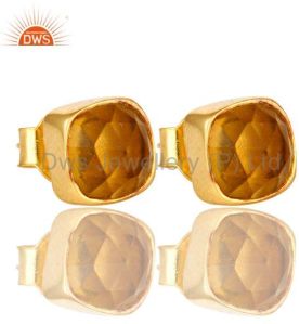 Citrine Hydro Cushion Cut 18K Gold Plated Sterling Silver Stud Earrings