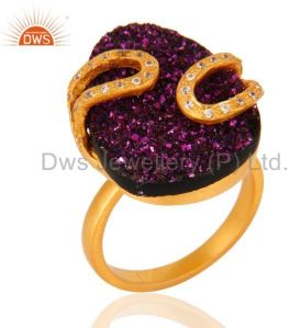 18k Yellow Gold-Plated Over Brass CZ Purple Druzy Ring