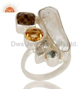 Fresh Water Pearl, BT, Smokey and Citrine Multi Stone Sterling Silver Ring