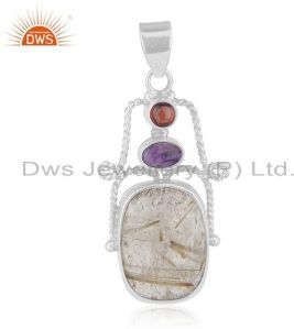 Garnet, Amethyst and Rutile Gemstone 925 Silver Designer Pendant