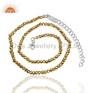 Gold Pyrite Beads Gemstone Sterling Silver Chain Necklace