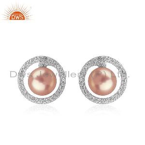 Gray Pearl Cz White Rhodium Plated Silver Round Stud Earrings Jewelry