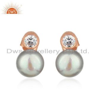 Gray Pearl Gemstone Rose Gold Plated 925 Silver Stud Earrings Jewelry