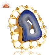 Handmade Blue Agate Druzy Slice Yellow Gold Plated Pendant