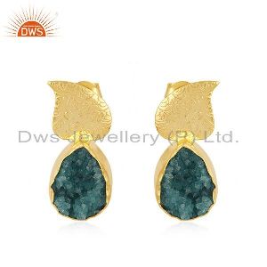Handmade Gold Plated Brass Fashion Green Druzy Stud Earrings