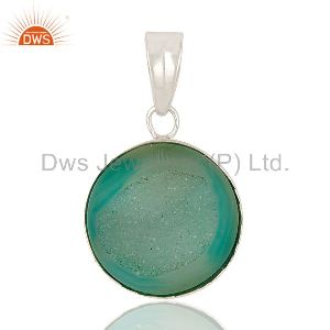 Handmade Solid Sterling Silver Green Druzy Agate Bezel Set Pendant