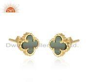 Malachite Gemstone Gold Plated 925 Silver Flower Design Stud Earring