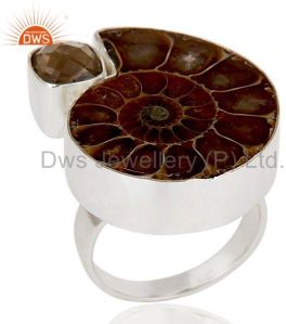 Natural Ammonite & Smokey Topaz 925 Sterling Silver Statement Ring