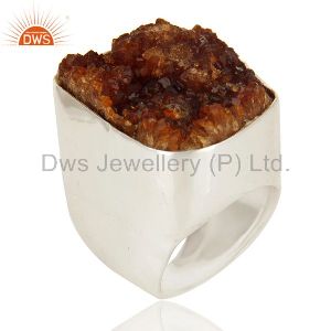 Natural Citrine Druzy Sterling Silver High Polish Cocktail Ring