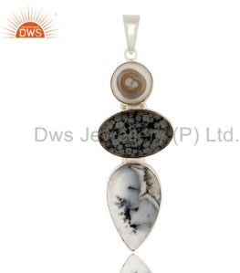 Natural Dendritic Opal, And Snowflake Obsidian Bezel Set Sterling Silver Pendant