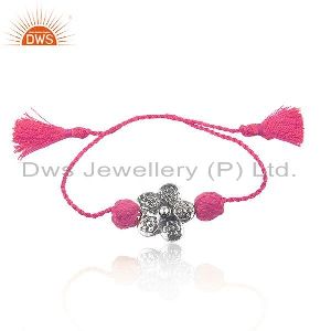 Oxidized Flower Designer 925 Silver Pink Macrame Bracelet Jewelry