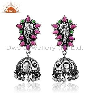 Peacock Design Oxidized Silver Multi Hydro Gemstone Jhumka Earrings