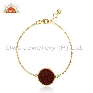 Red Jasper Gemstone Yellow Gold Plated Silver Chain Bracelet