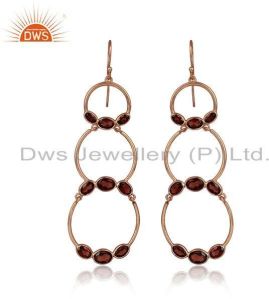 Rose Gold Plated Circle Design 925 Silver Garnet Gemstone Earrings