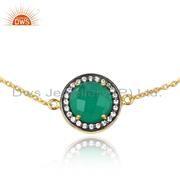 Round Gold Plated Silver CZ Green Onyx Gemstone Chain Bracelet