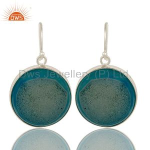 Round Natural Druzy Agate Sterling Silver Bezel-Set Hook Earrings