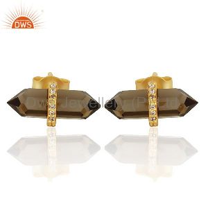 Smoky Topaz Cz Studded Pencil Post 14K Gold Plated Sterling Silver Earring