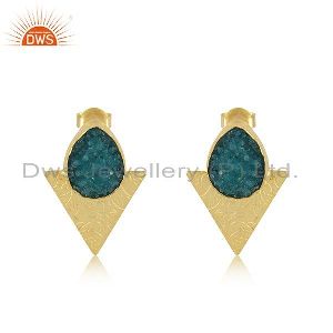 Triangle Design Gold Plated Brass Fashion Green Gemstone Stud Earrings
