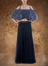 Prussian Blue Off Shoulder Cape And Skirt Set