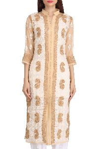 Embroidered Fawn Faux Georgette Lucknow Chikan Kurti