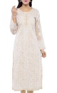 Hand Embroidered Fawn Cotton Lucknowi Chikan Kurti