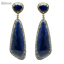 18k Gold Pave Diamond Blue Sapphire Dangle Earrings