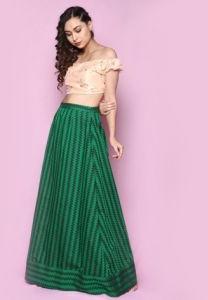 Peach Embroidered Blouse With Green Skirt