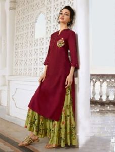 Designer Embroidery Work Long Kurtis With Sharara