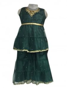 Green Net Casual Wear Diamond Work Kids Sharara