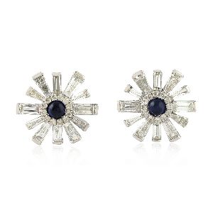 designer gold baguette diamond flower stud earring