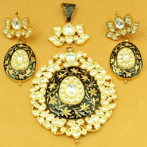 Silver Gold Polish Kundan Meena Pendant Set