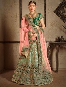 Green Nylon Satin Bridal Wear Zari Stone Work Lehenga Choli