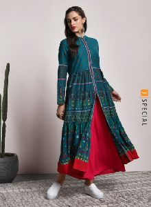 Turquoise Blue and Orange Printed Anarkali Kurta