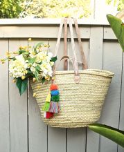 Moroccan wicker basket large leather handles, basket bag Bohemian straw basket
