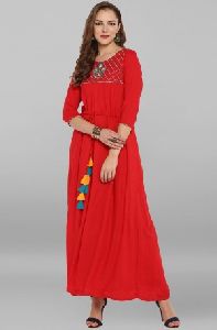 Red Rayon Embroidered A-Line Kurta