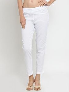 Laabha Women Linen White Color Ankle Length Trouser