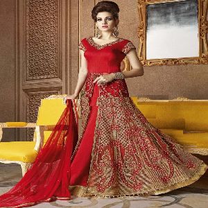 Attractive Red Color Raw Silk Embroidered Anarkali Suit