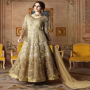 Fancy Beige Color Silk Embroidered Anarakali Suit