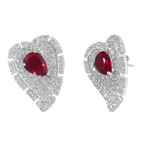 RHODIUM-PLATED RED-HEART EARRINGS FOR WOMEN