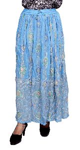 Indian Blue Boho Rayon Embroidered Sequin Work Elastic Waist Hippie Skirt