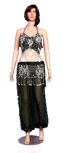 Set of Green Color Hot Belly Dance Costume, Beaded Halter Top and Full Pants Set with White Coins
