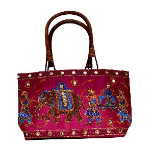 Traditional Ethnic Mirror Work Embroidered Style Tote Ladies Sling Cotton Wood Handbag
