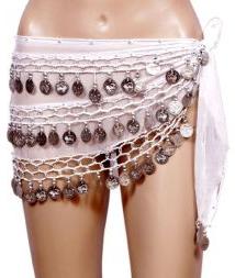 White Belly Dance Wrap Skirt with White Coins